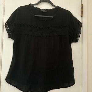 Crochet-Trim Black Short Sleeve Blouse - Women's